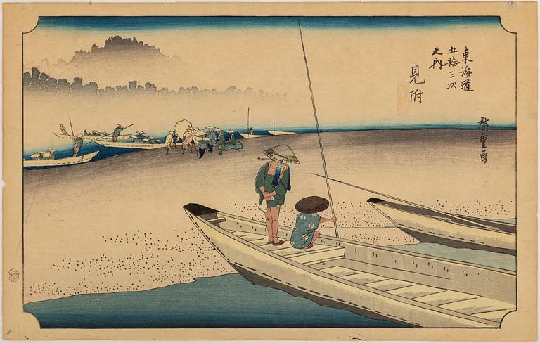 UTAGAWA HIROSHIGE (1797-1858), efter, färgträsnitt, två stycken, Japan, 1900-tal.