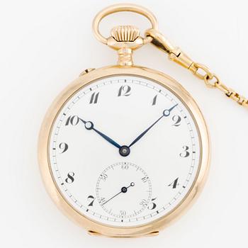 IWC, pocket watch, 14K gold, chain in 18K gold, 49 mm.