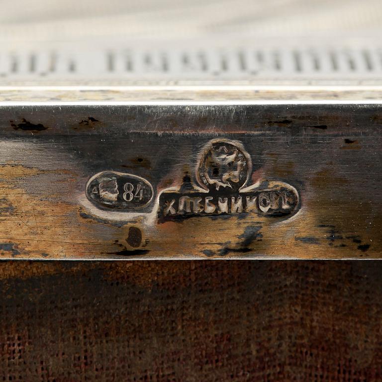 A Russian 19th century silver-gilt icon, marks of Ivan Chlebnikov, Moscow 1908-1917. Imperrial Warrant.