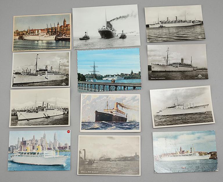 Memorabilia from the Swedish American Line, meny folders and postcards, 20th century.