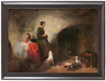 1195. Edwin Henry Landseer Tillskriven, Köksinteriör med kvinna som stickar; en katt och hundar som sover.