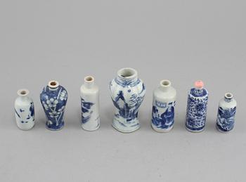 MINIATYRER och SNUSFLASKOR, 7 st, porslin, Kina, 1800/1900-tal.