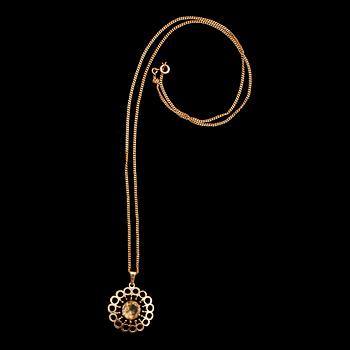 COLLIER, 18 k guld, kedjelänk, hänge med gul fasettslipad sten. Tot vikt 9 g.