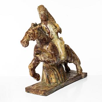 Allan Ebeling, skulptur, glaserad keramik, i form av ursprungsamerikan till häst, Torshälla 1935.