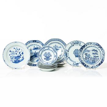A group of seven Chinese blue and white porcelain plates and five dessert dishes, Qing dynasty, Qianlong (1736-95).