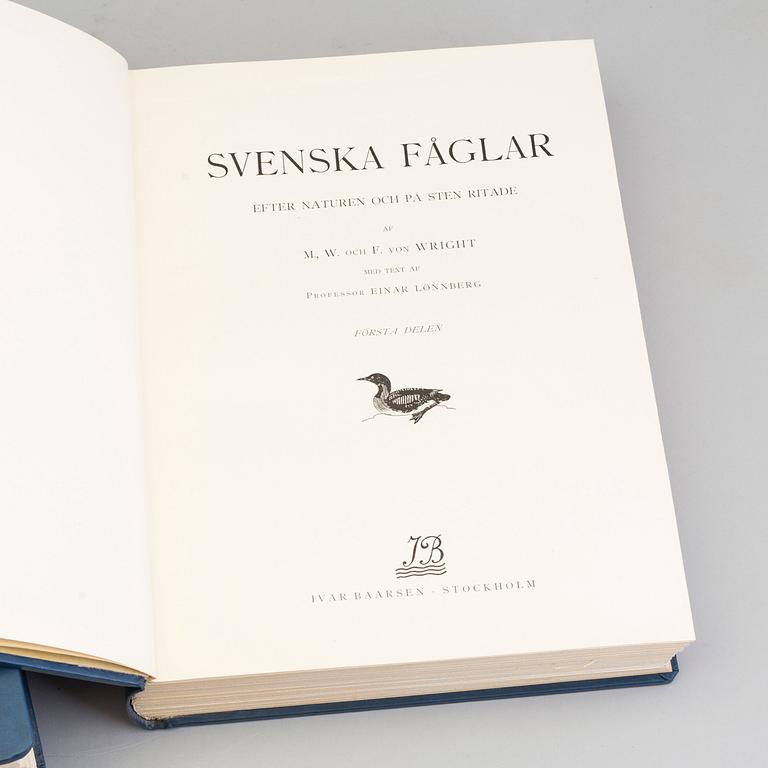 M, W & F VON WRIGHT, bokverk, 3 band, "Svenska fåglar", A. Börtzells tryckeri AB Stockholm, 1924-1929.