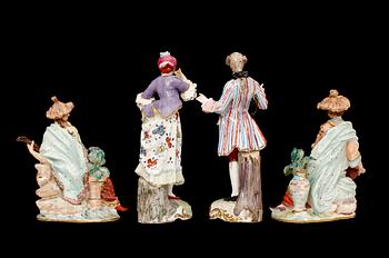 FIGURINER, 4 st, porslin, Meissen-liknande märkning, 1900-tal.