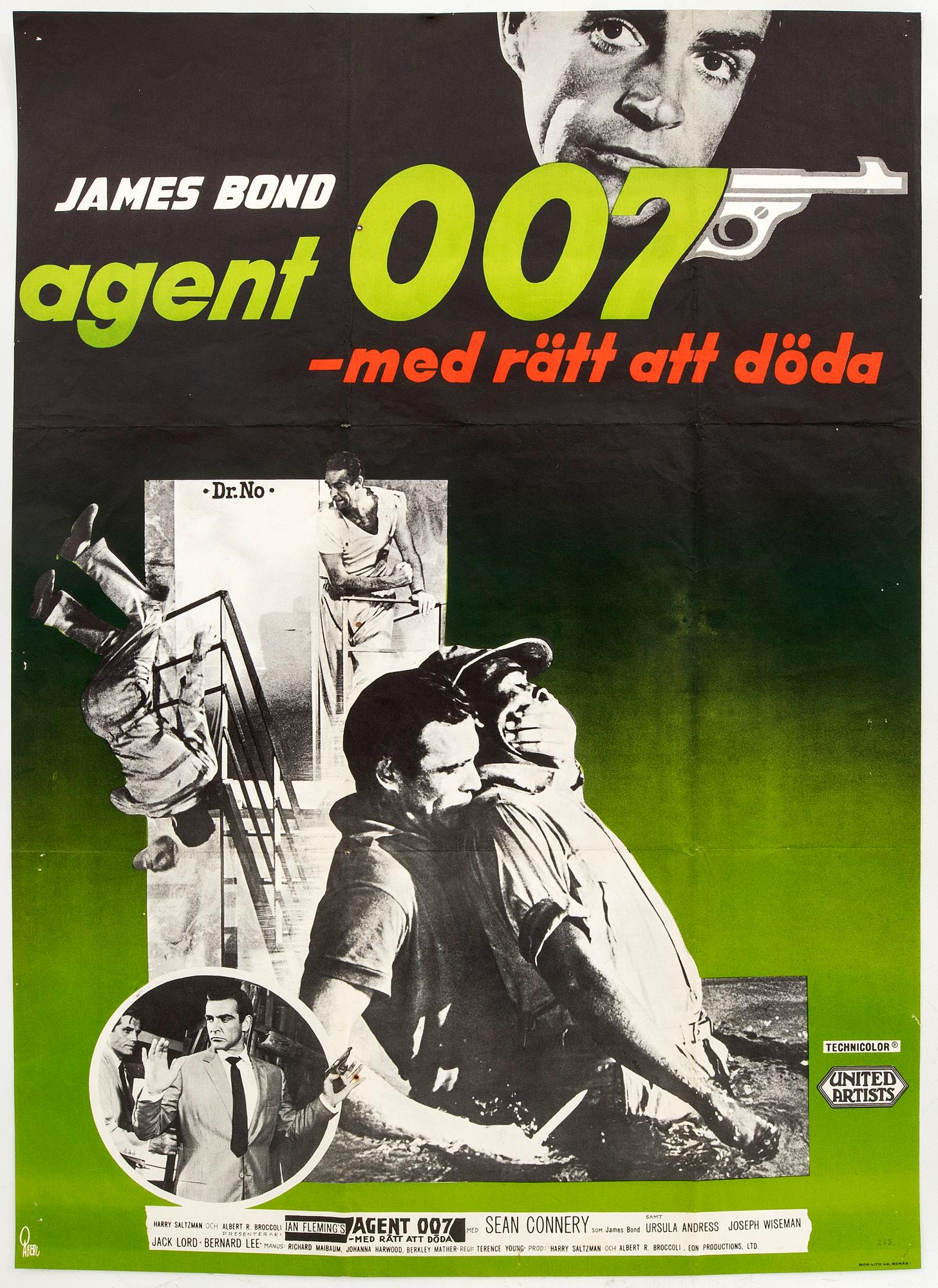 A Swedish movie poster by Gösta Åberg, James Bond "Agent 007 - Med rätta att döda" (Dr No) 1963 numbered 245.