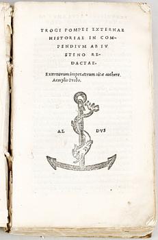 BOK, "Trogi Pompei Externae Historiae in Compendium ab iustino redactae" av Justinus Marcus Junianus, Venedig 1522.