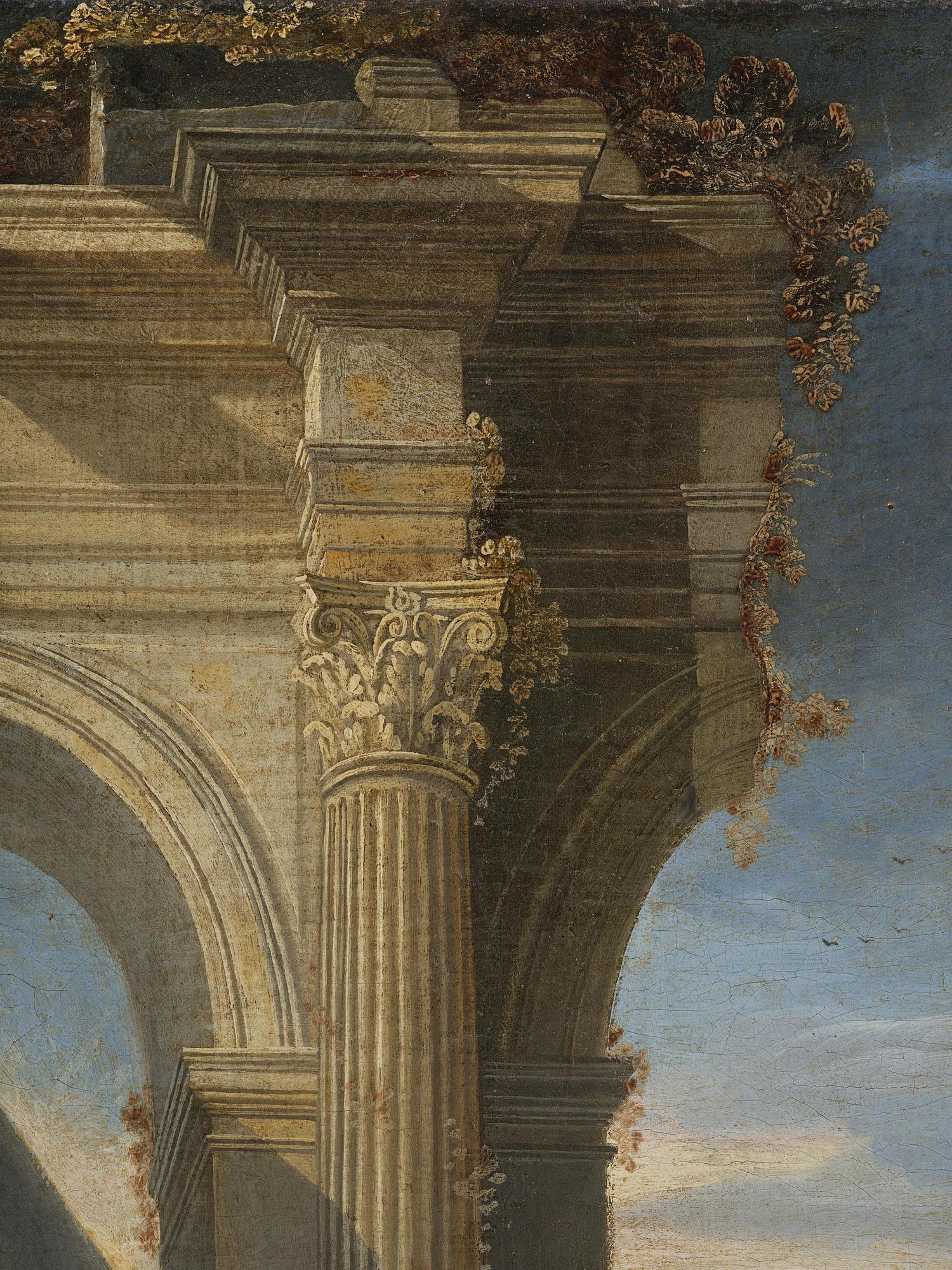 Giovanni Ghisolfi, follower of, Ruined landscape with resting figures.