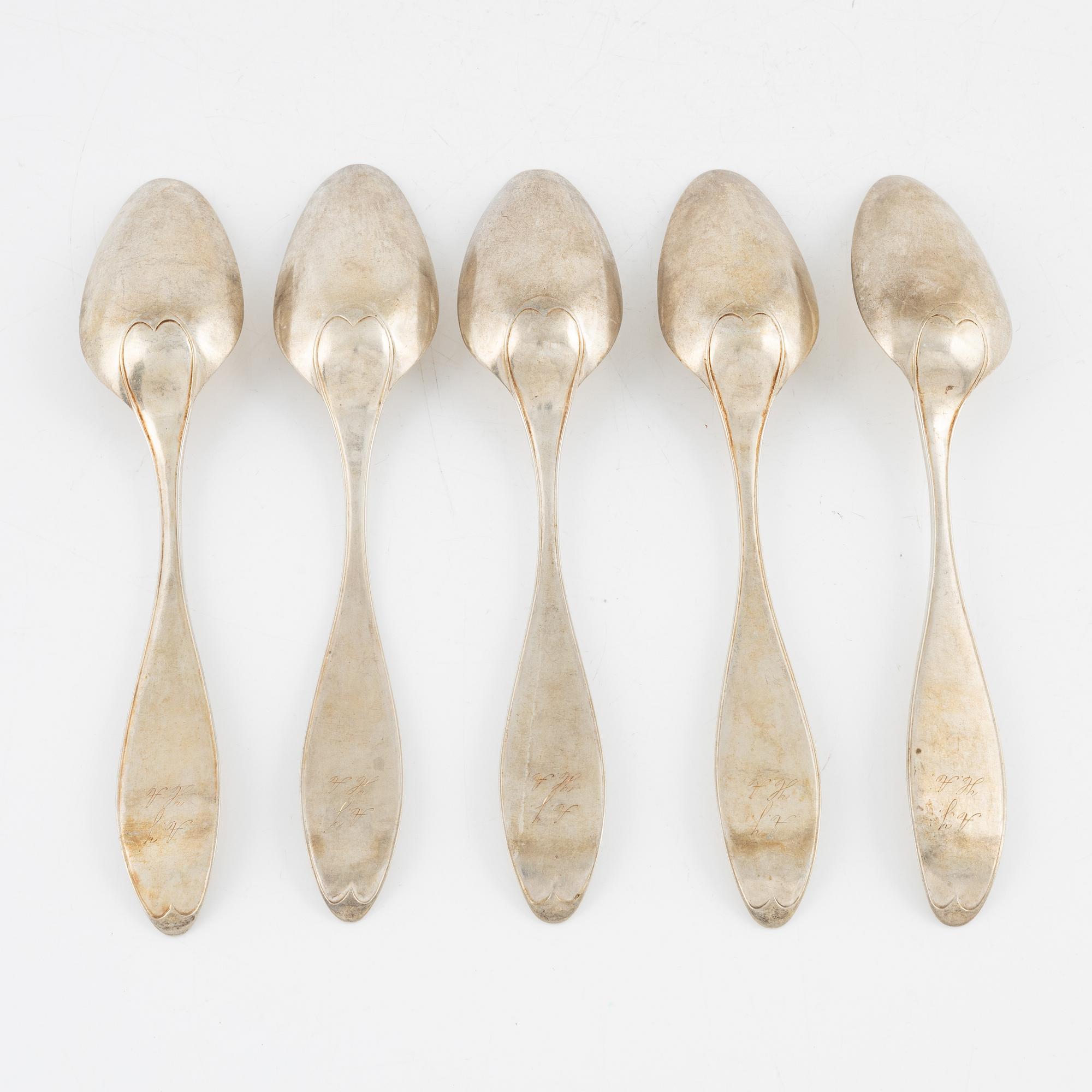 A set of five silver dining spoons, mark of Bengt Tornberg, Linköping 1828.