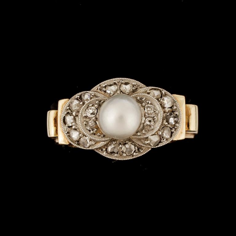 RING, guld 14k, rosenslipade diamanter och pärla. Vikt ca 7 gram.