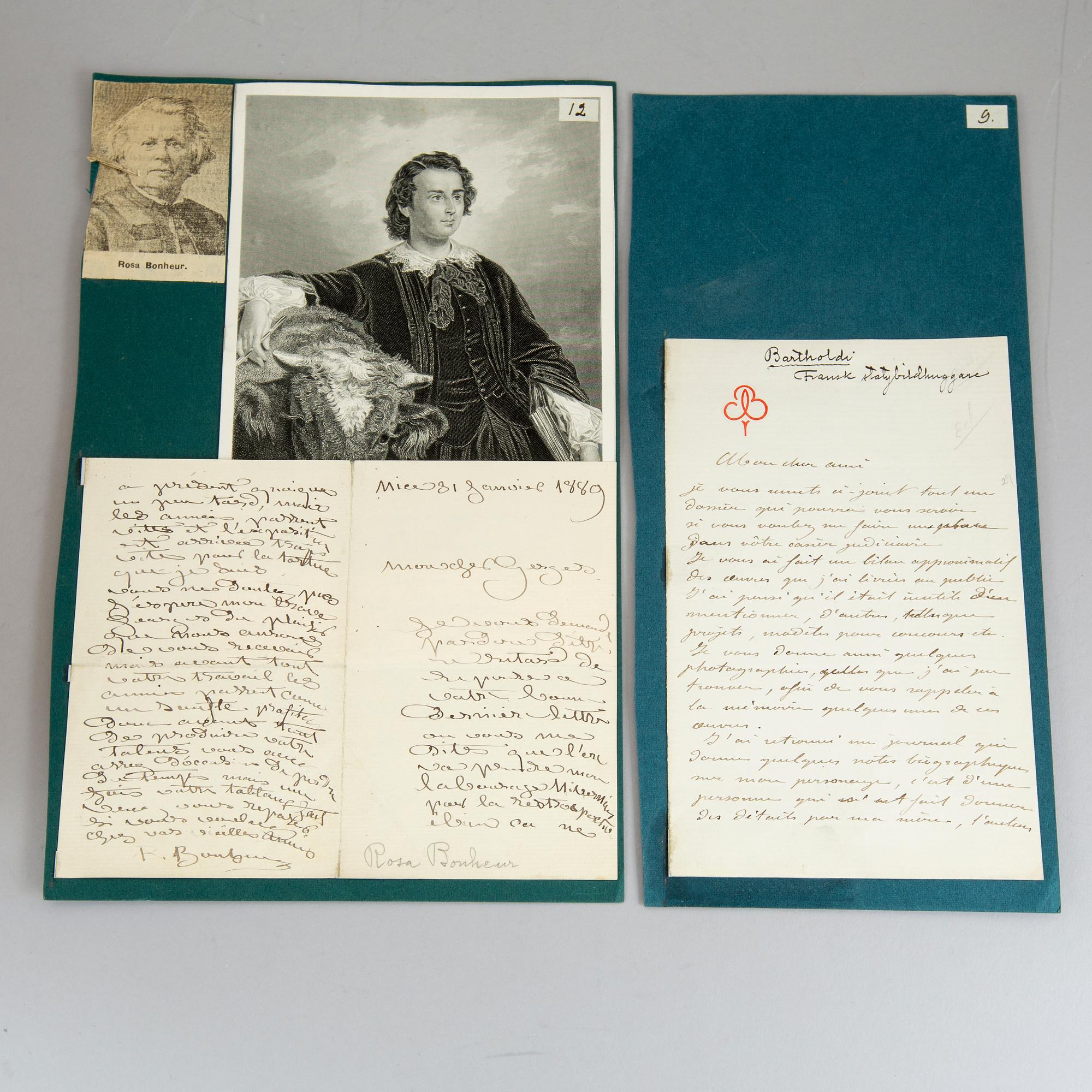 BREVSAMLING, bla Egron Lundgren, Rosa Bonheur, Carl Snoilsky, Frédéric Auguste Bartholdi.