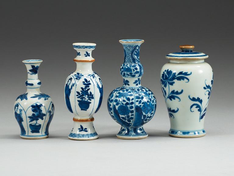 A set of four blue and white miniature vases, Qing dynasty, Kangxi (1662-1722).