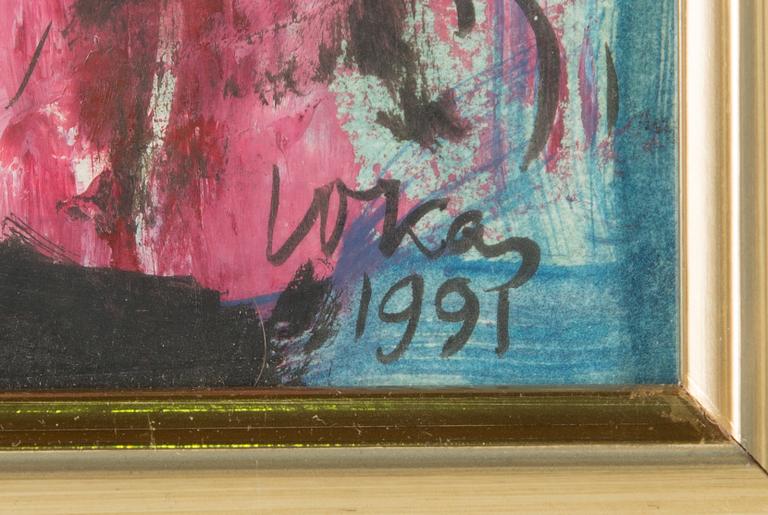 Evald Okas, sekatekniikka paperille, signeerattu ja päivätty 1991.