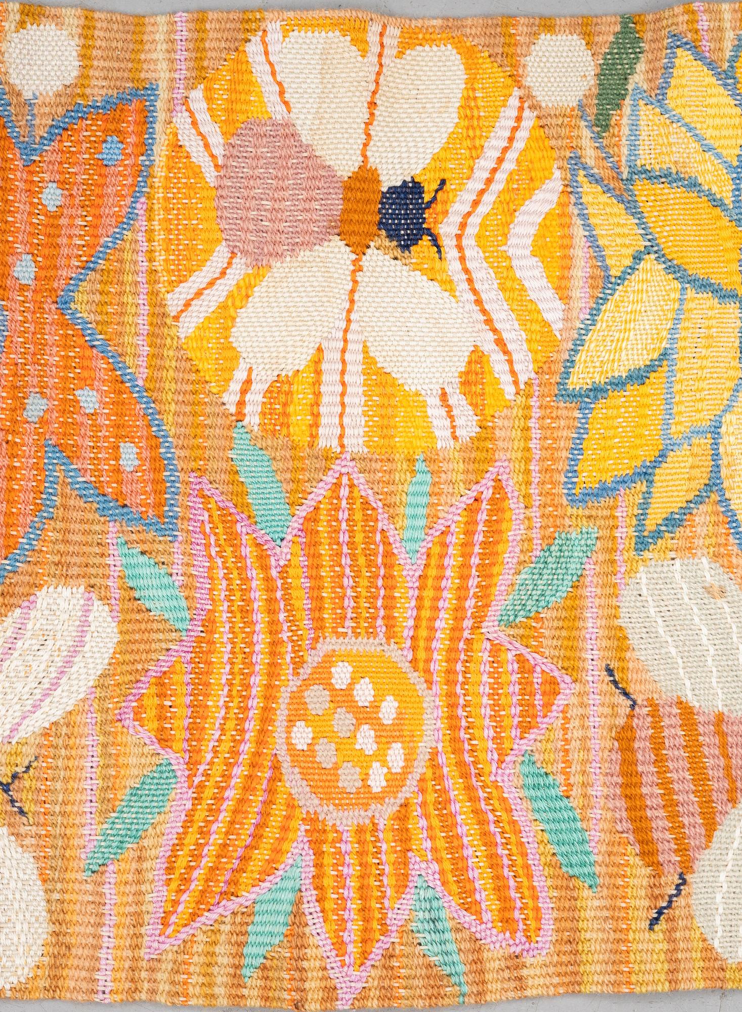 Ann-Mari Forsberg, född Lindbom, a textile, "Bilöpare", a tapestry variant, ca 31 x 49 cm, signed AMF.