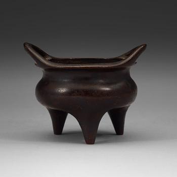 66. A copper alloy tripod censer, Ming dynasty, 17th Century with Xuandes four character mark.