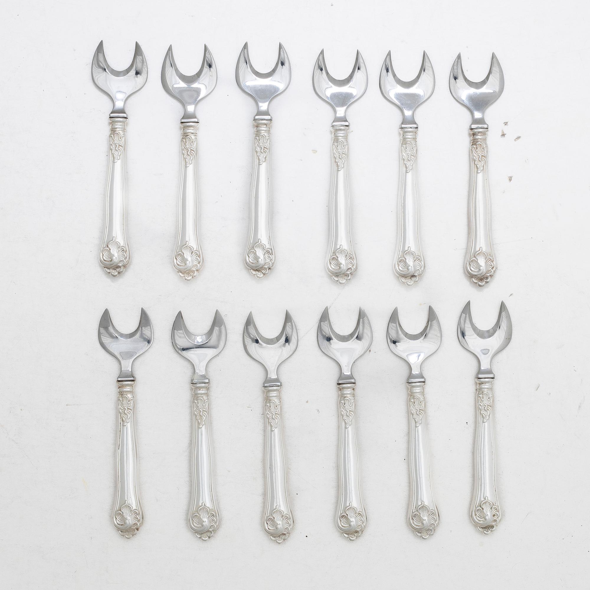 Ostrongafflar, 12 st, silver, modell "Sachsisk", svensk importstämpel.