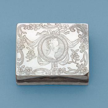873. A possibly French mid 18th century mother of pearl and silver snuff-box, unmarked.