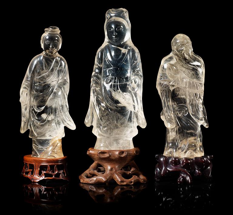 A set of  three rock chrystal figures, late Qing dynasty.