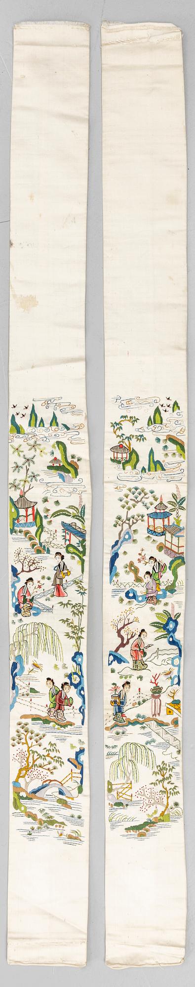 A group lot of embroidered silk textiles and a silk sowing purse, late Qing dynasty/early 20th century.