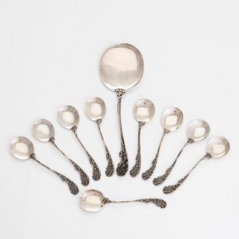 A set of silver icecream spoons, and a serving spoon, Germany, first half of the 20th century.