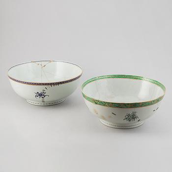 Two large famille rose and gilt punch bowls, Qing dynasty, 18th century.