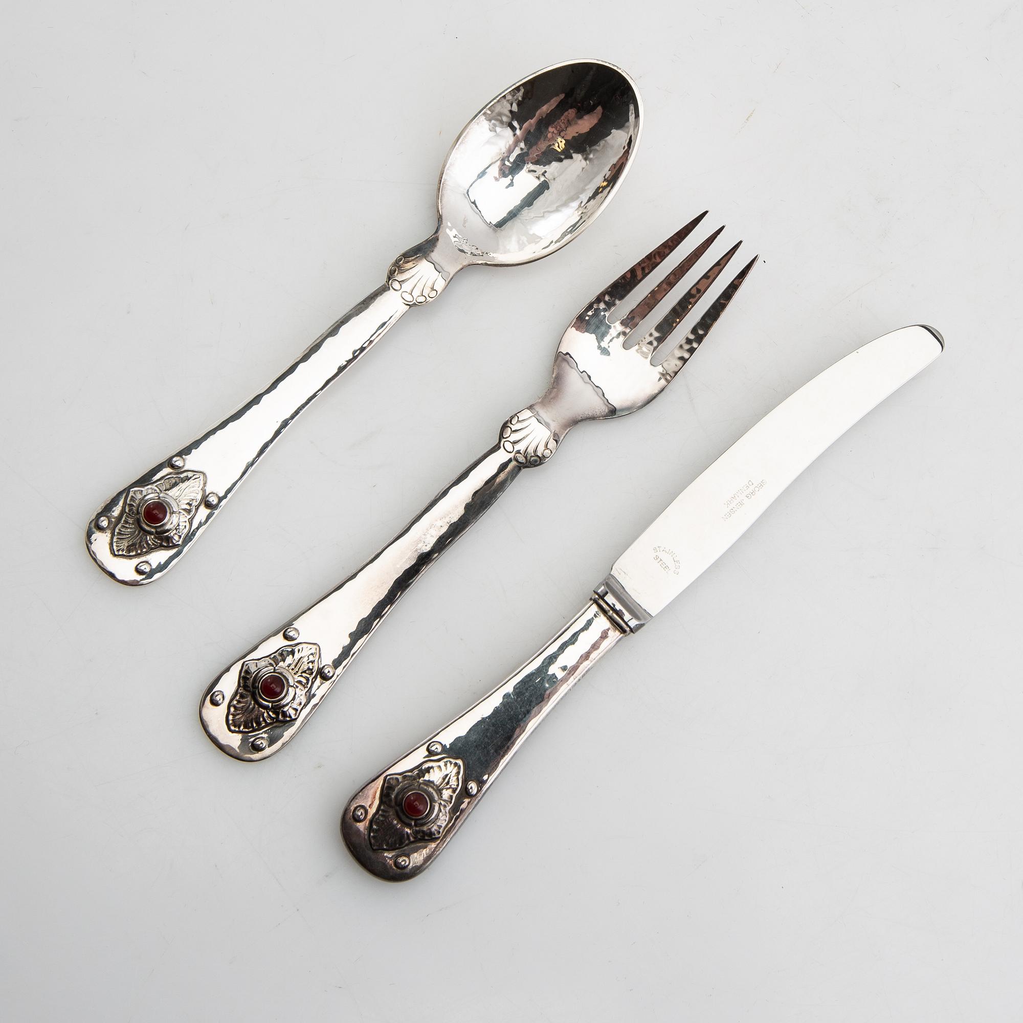 Georg Jensen, anniversary cutlery 6 dlr sterling silver and carnelian 1979 Denmark.
