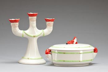GRÖTSKÅL MED LJUSSTAKE, flintgods, "God Jul", Gustavsberg 1900-talets slut.