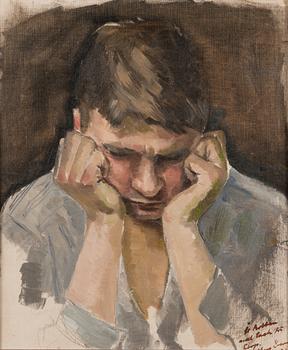 Henry Ericsson, olja på pannå, signerad med dedikation.