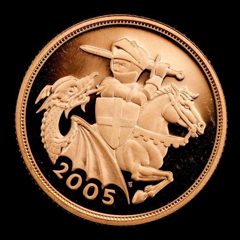GULDMYNT, finguld, sovereign, Elizabeth II, 2005. Vikt ca 8 g.