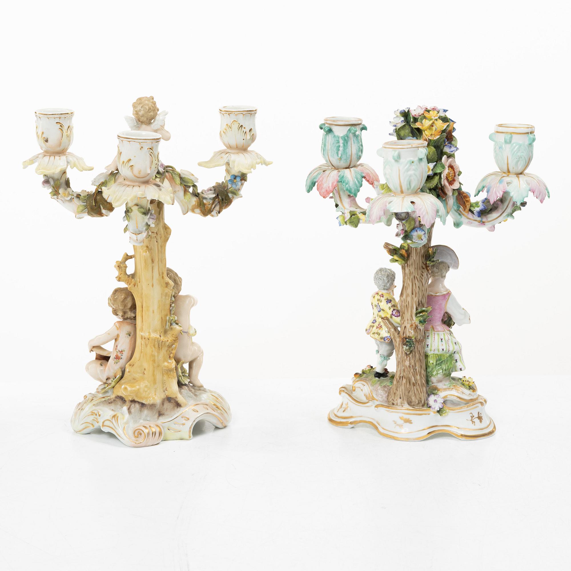 A pair of candelabra,  Meissen and Volkstedt, 19th–20th century.