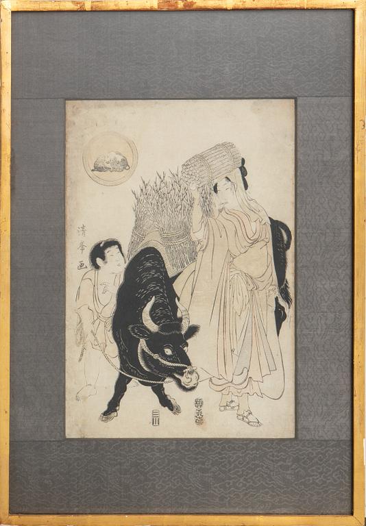 Torii Kiyomine, water buffalo and people.