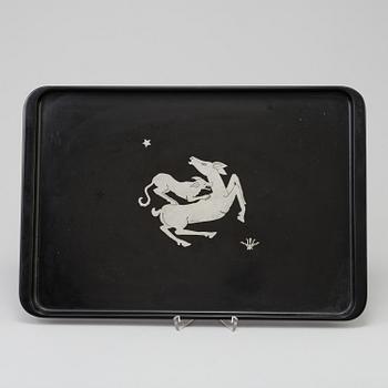 AN ART DECO TRAY, bakelite and pewter, possibly Perstorp.