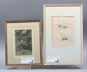 SALLBERG, HARALD, etsning, samt GADD, ARNE, teckningar, 2 st. Sign.