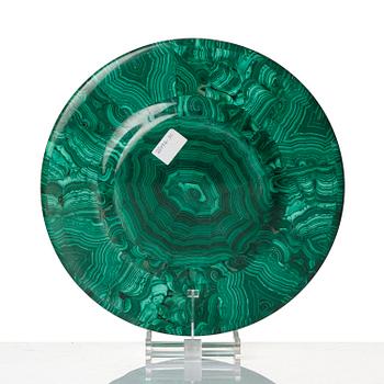 A Russian Nicholas II malachite-veneered dish, presumably Yekaterineburg Imperial Lapidary, circa 1900.