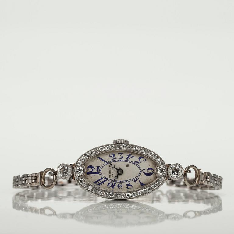SMYCKESUR, dam. Tissot Locle. 14K guld. Briljant- och 8/8 slipade diamanter ca 1.00 ct. 1920/30-tal. Vikt 17,7 g.