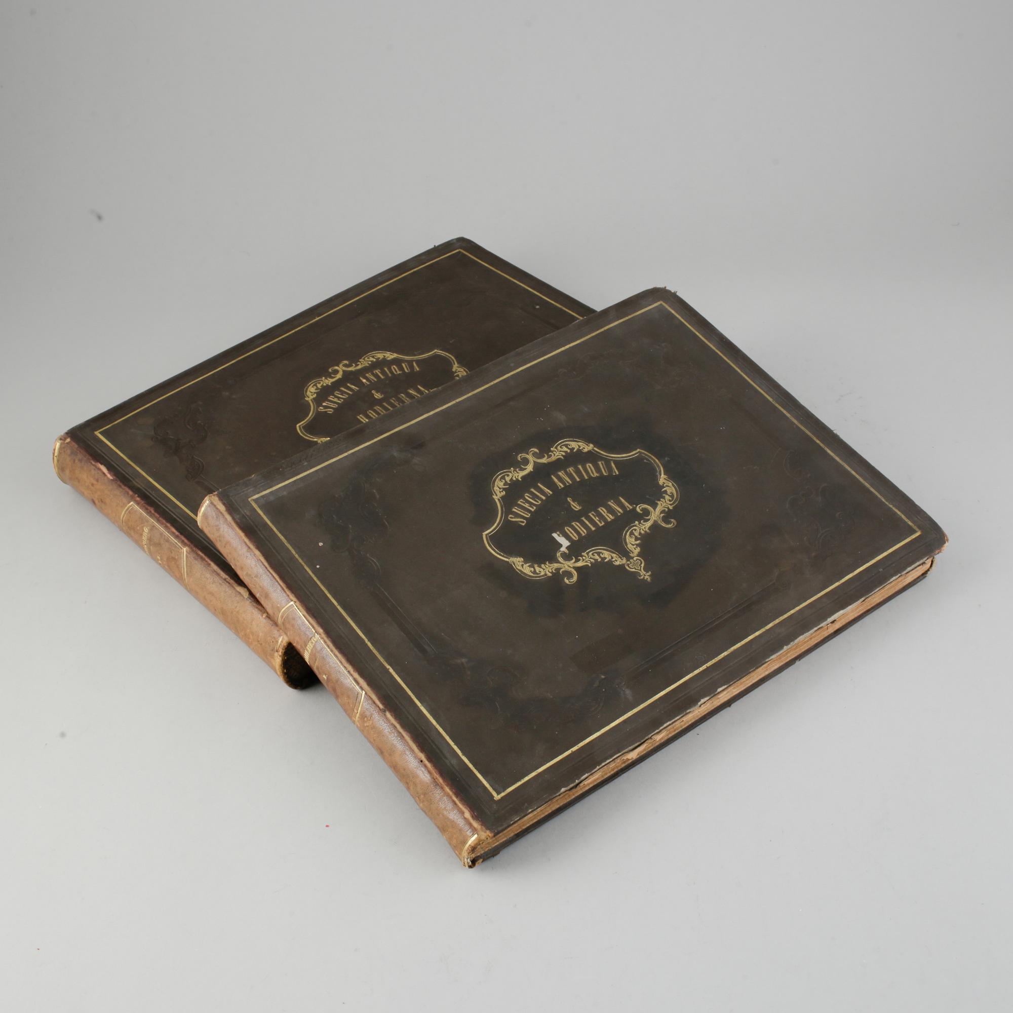 Two volumes of E Dahlbergs Suecia Antiqua & Holdierna, P Ad Huldbergs, Bokhandel, Bazaren & Norrbro.