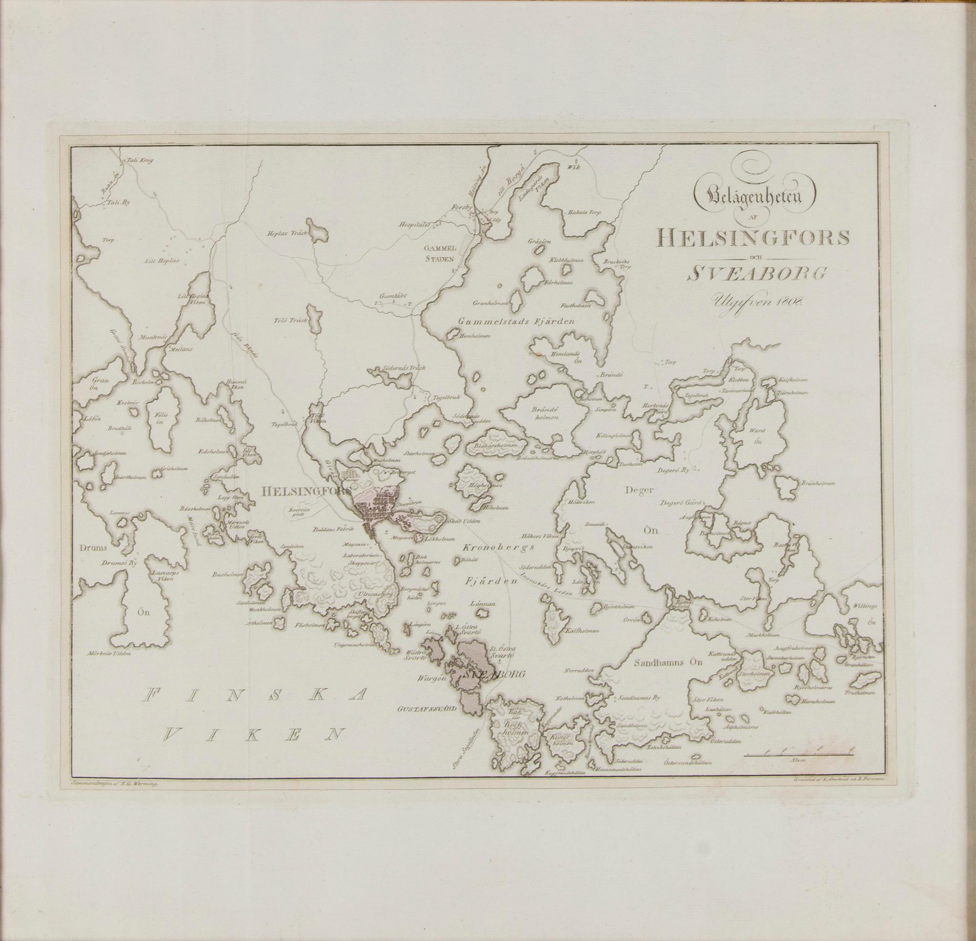 KARTA, Belägenheten af Helsingfors och Sveaborg, utgifen 1808.