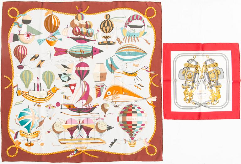 Hermès, silk pocket square and scarf, 'Brides of Gala' and 'Les Voitures à Transformation'.