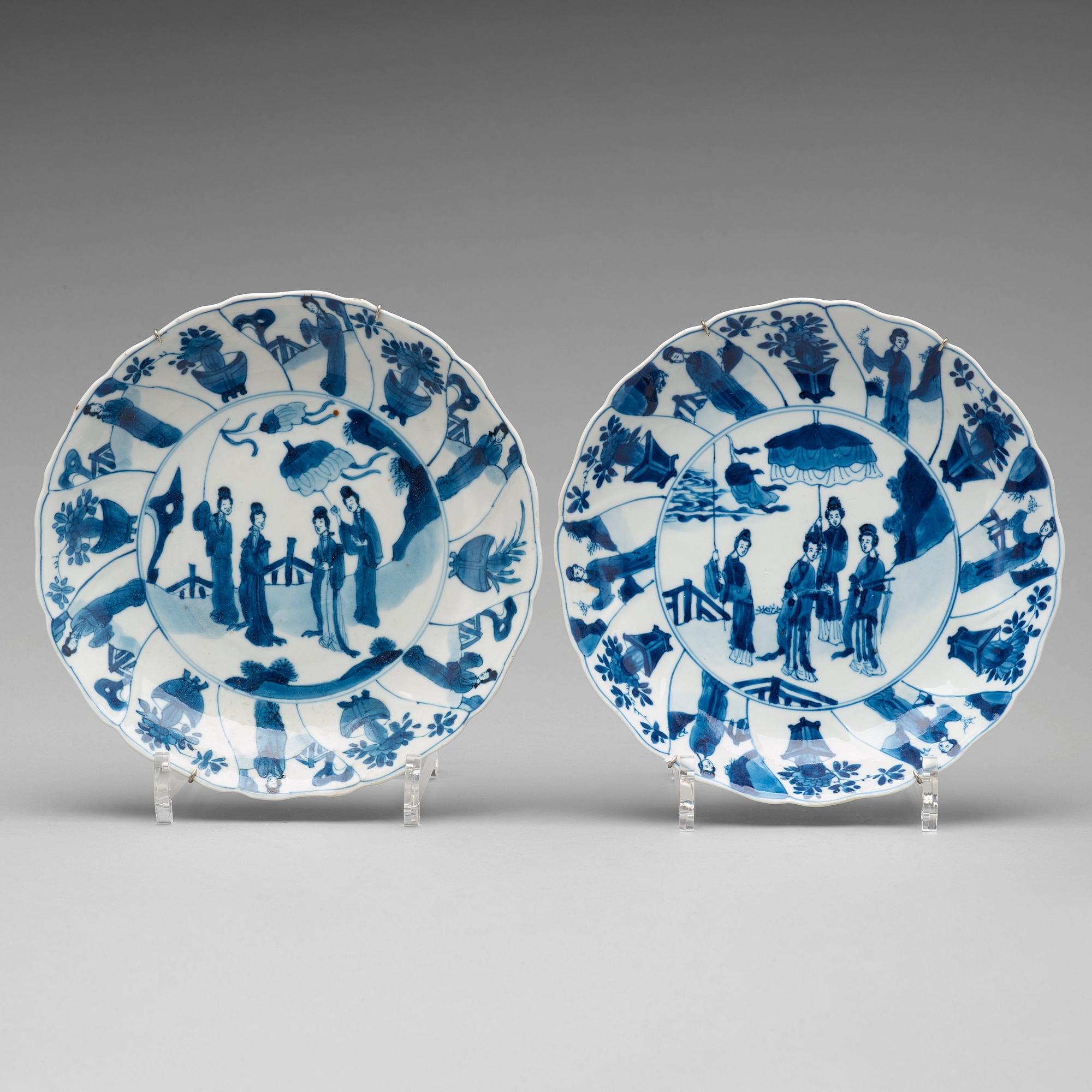 Two blue and white dishes, Qing dynasty, Kangxi mark and period (1662-1722).