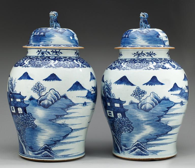 A pair of large blue and white palace jars with covers, Qing dynasty, Qianlong (1736-95).