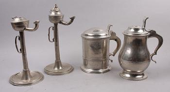 STOP, 2 st samt OLJELAMPOR, 2 st, tenn, bl a Nils Abraham Santesson, Stockholm, 1800-tal.