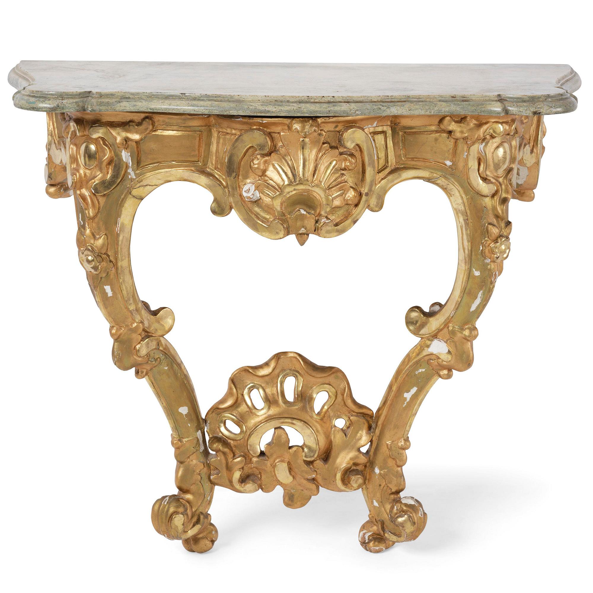 A rococo gilt-gesso and marble-top console table, Stockholm, later part 18th century.