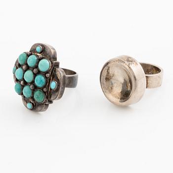 Two rings, silver with turquoise-coloured stones, KI Johansson, Gothenburg 1968 and Finland.