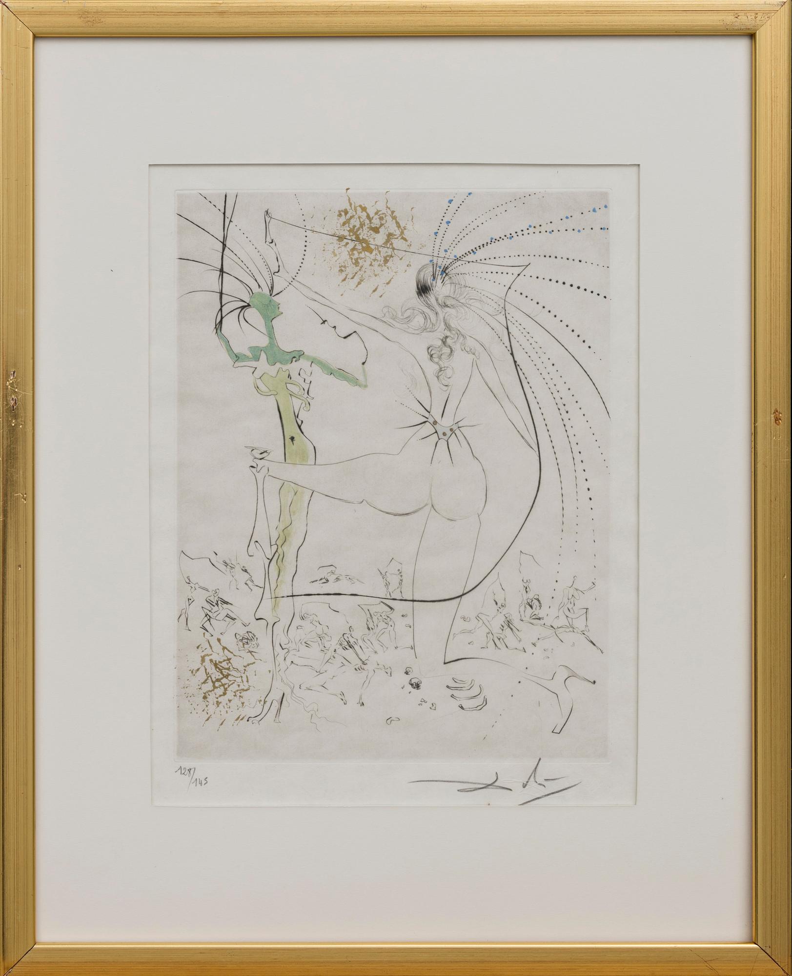 SALVADOR DALÍ, watercoloured drypoint etching roulette, signed and numbered 128/145.