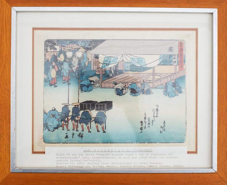 Five coloured woodblock prints, including after Hiroshige, Japan, 19th/20th century.