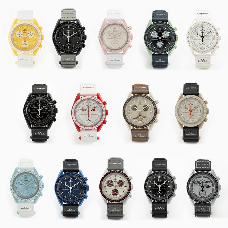 Omega/Swatch, MoonSwatch, "No Reserve", collection of 14 pcs, chronograph, wristwatches, 42 mm.