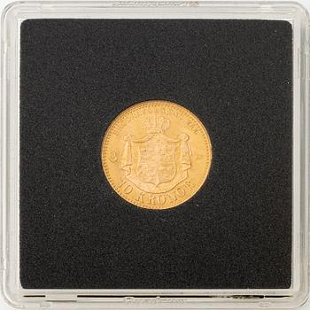 Gold coin, Oscar II, 10 kronor, type I, Sweden 1874.