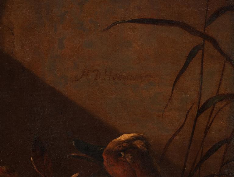 Melchior de Hondecoeter Attributed to, A duck family by the water.